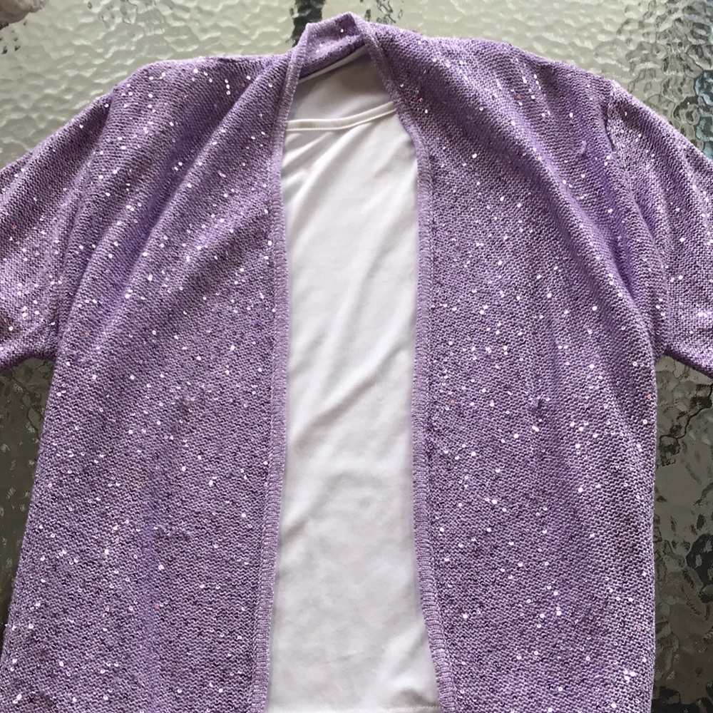 White blouse with purple cardigan and pants